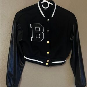 Chic Black Varsity Jacket with Faux Leather Sleeves
